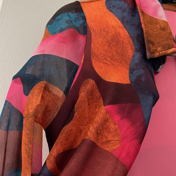 Collared Buttoned Front Ruched Colorblock Mesh Dress - Picture 6 of 6